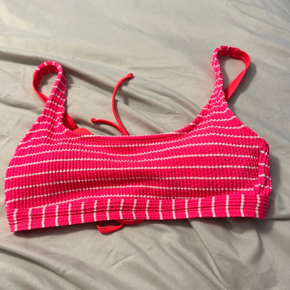 Pink and white striped bikini top